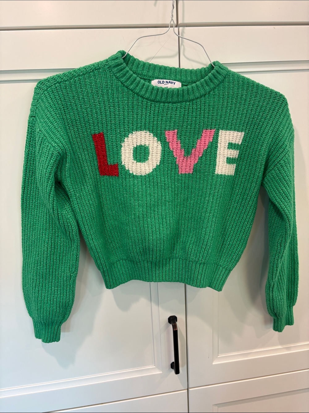 Old Navy Green Chunky Knit Sweater with Colorful LOVE Intarsia